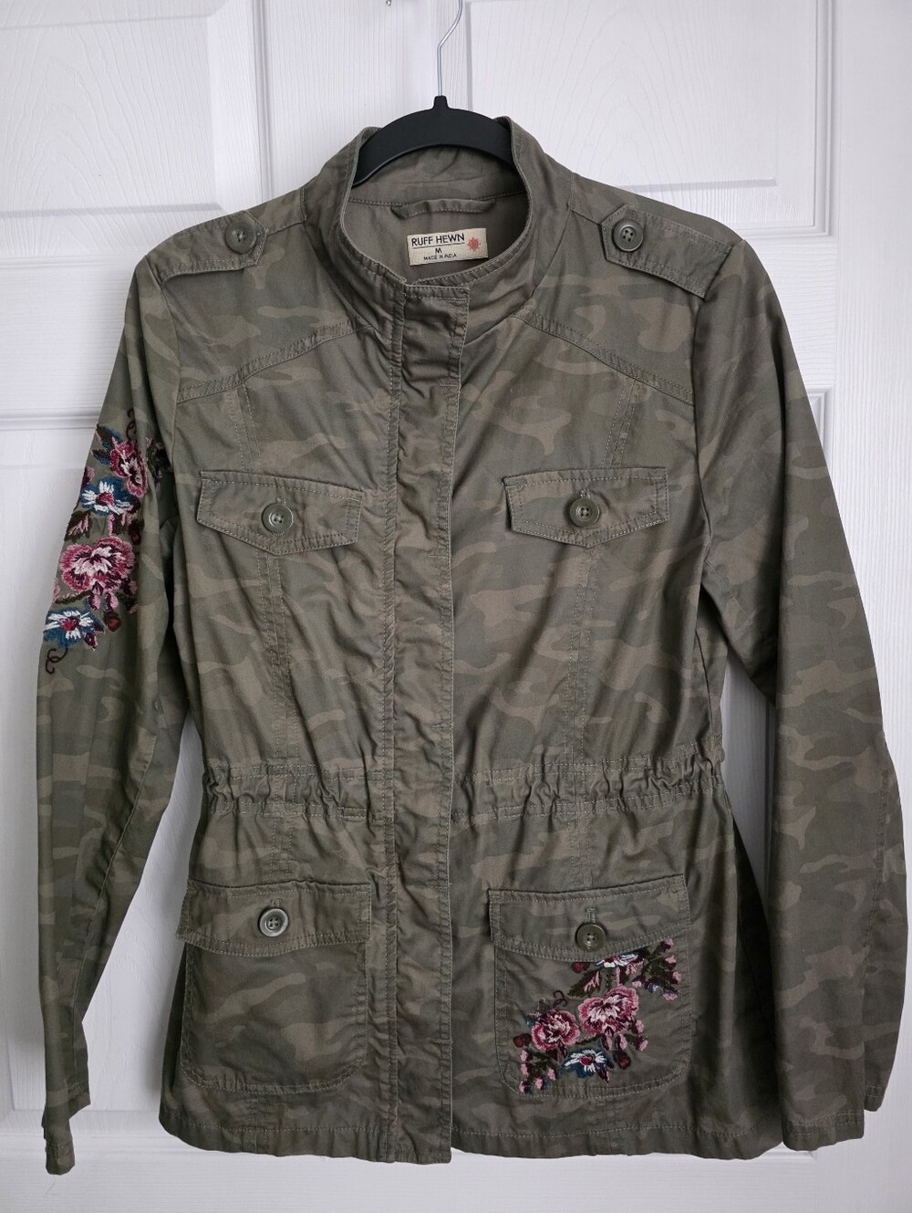 Ruff Hewn Camo Floral Embroidered Utility Jacket Size M Whimsical Grunge